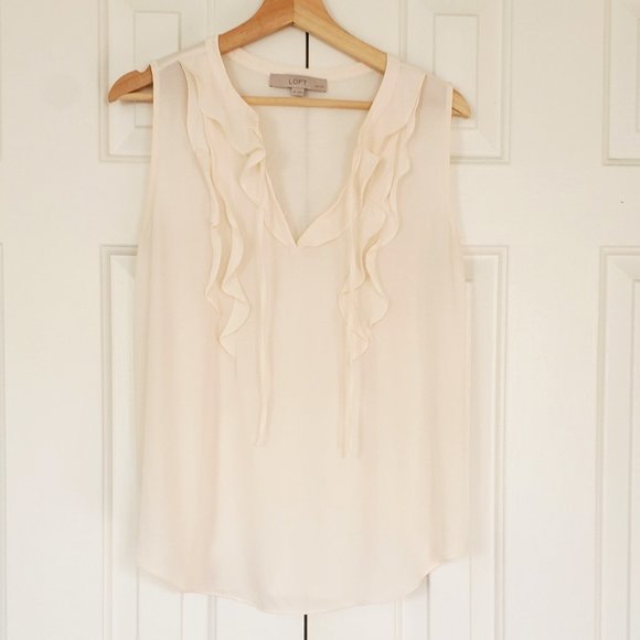 Loft Flowy Cream-White Blouse - Sleeveless Ruffle Front - Size MP - Picture 2 of 11